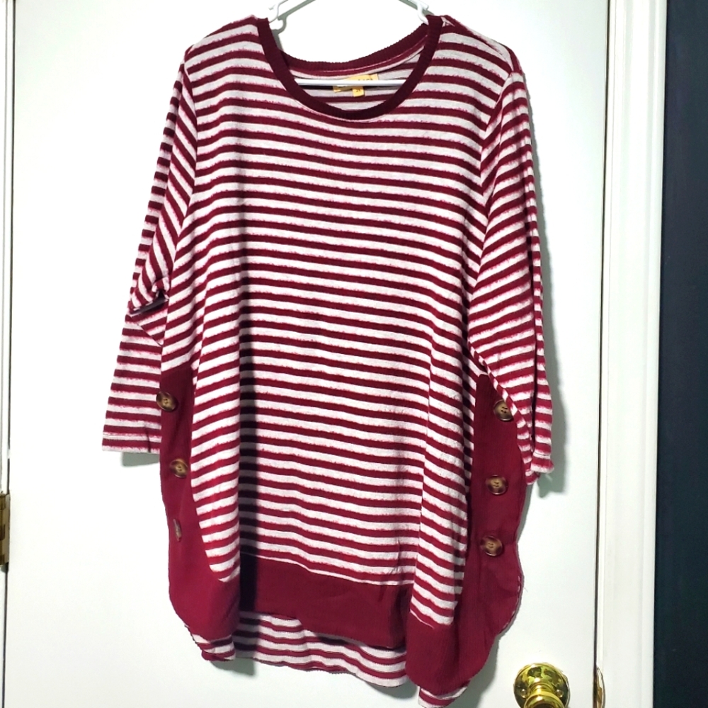 Mesh+Lace Size 2X Womens Striped Red and White Sweater with Button Accents